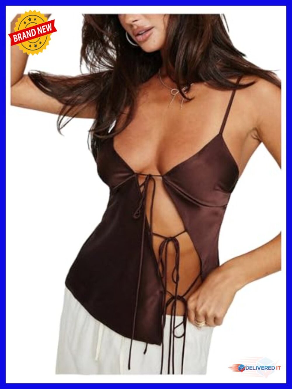 Satin Lace Up Tie Front Split Hem Silky Tank Cami Top